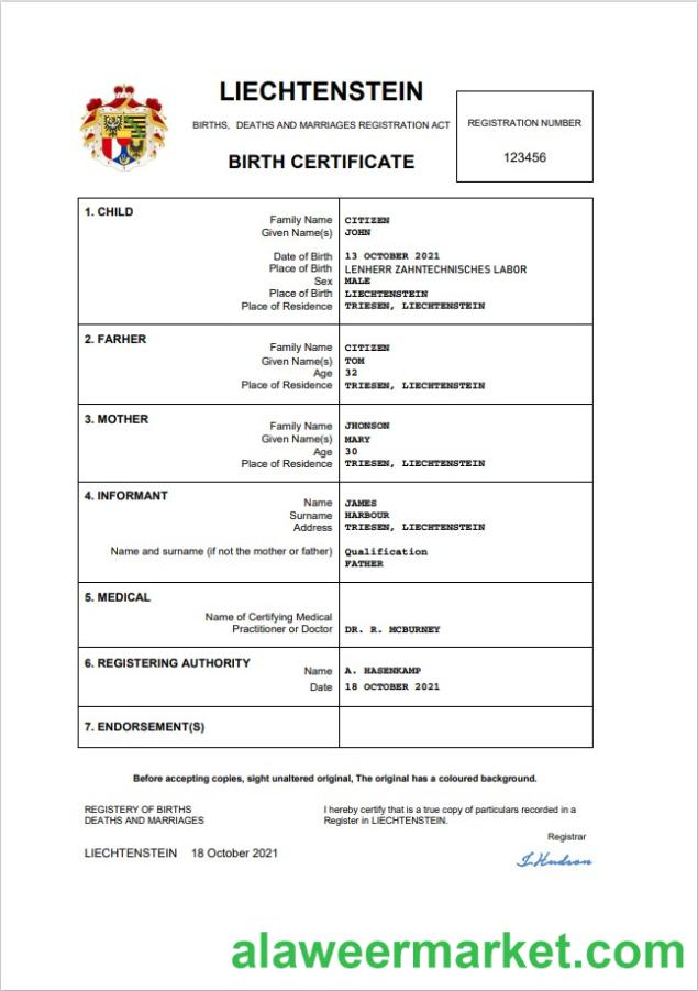 Liechtenstein vital record birth certificate Word and PDF template